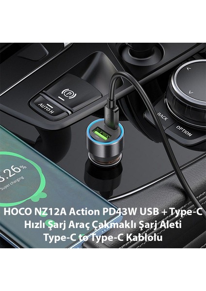 NZ12A Action PD43W USB + Type-C Araç Çakmaklık Hızlı Şarj Aleti + Type-C To Type-C Kablo