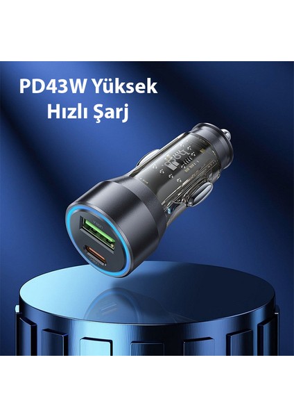 NZ12A Action PD43W USB + Type-C Araç Çakmaklık Hızlı Şarj Aleti + Type-C To Type-C Kablo