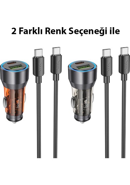 NZ12A Action PD43W USB + Type-C Araç Çakmaklık Hızlı Şarj Aleti + Type-C To Type-C Kablo