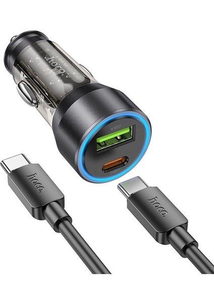 NZ12A Action PD43W USB + Type-C Araç Çakmaklık Hızlı Şarj Aleti + Type-C To Type-C Kablo