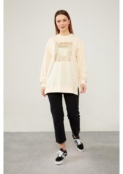 Bej Varak Baskılı Sweatshirt