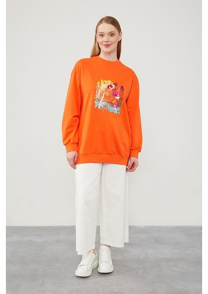 Oranj Pul Işlemeli Baskılı Sweatshirt