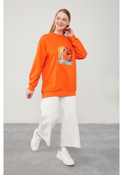 Oranj Pul Işlemeli Baskılı Sweatshirt fiyatları