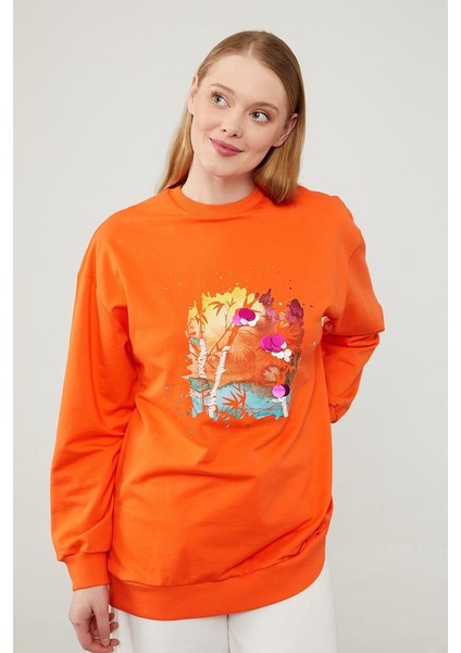 Oranj Pul Işlemeli Baskılı Sweatshirt modelleri