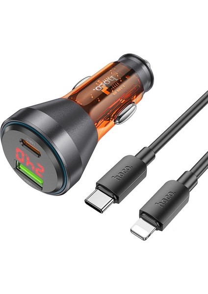 NZ12B Unimpeded PD48W USB + Type-C Araç Çakmaklı Hızlı Şarj Aleti + Type-C To iPhone Kablo