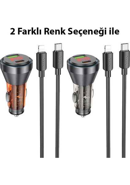 NZ12B Unimpeded PD48W USB + Type-C Araç Çakmaklı Hızlı Şarj Aleti + Type-C To iPhone Kablo