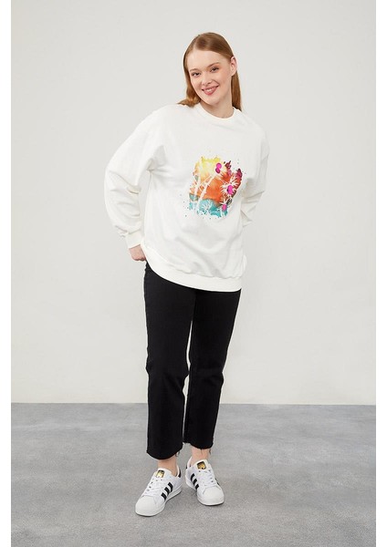 Ekru Pul Işlemeli Baskılı Sweatshirt fiyatları