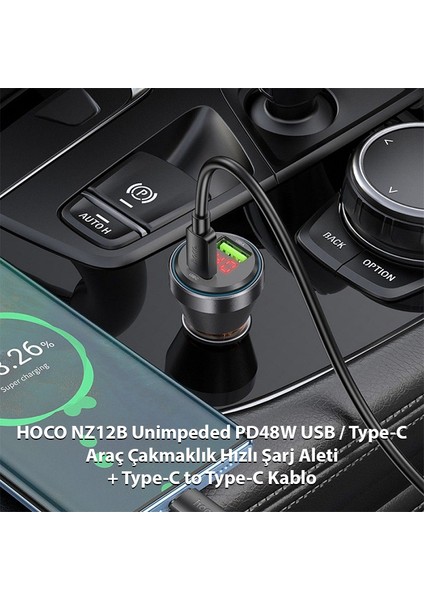 NZ12B Unimpeded PD48W USB + Type-C Araç Çakmaklı Hızlı Şarj Aleti + Type-C To Type-C Kablo