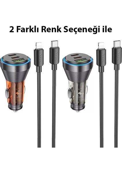 NZ12D Lucky PD60W 2 Type-C + USB Girişli Araç Çakmaklık Hızlı Şarj Aleti + Type-C To iPhone Lig