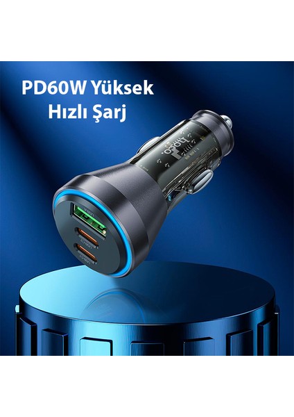 NZ12D Lucky PD60W 2 Type-C + USB Girişli Araç Çakmaklık Hızlı Şarj Aleti + Type-C To iPhone Lig