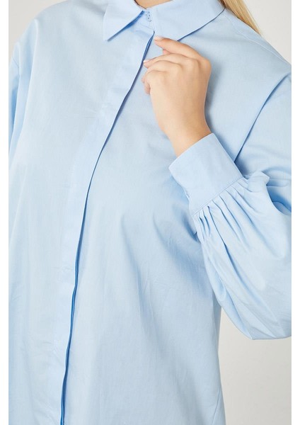 Mavi Oversize Balon Kol Poplin Gömlek modelleri