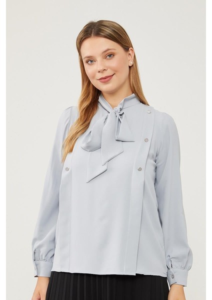 Gri Kendinden Fular Bağlamalı Şifon Bluz modelleri