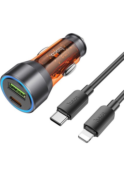 NZ12A Action PD43W USB + Type-C Araç Çakmaklık Hızlı Şarj Aleti + Type-C To iPhone Lightning Ka