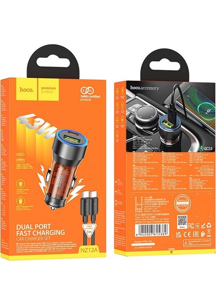 NZ12A Action PD43W USB + Type-C Araç Çakmaklık Hızlı Şarj Aleti + Type-C To Type-C Kablo