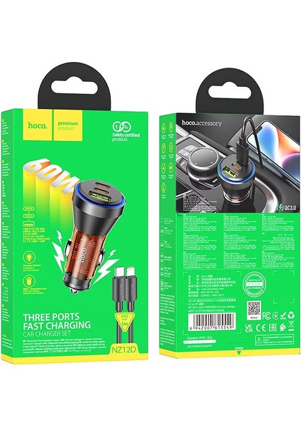 NZ12D Lucky PD60W 2 Type-C + USB Girişli Araç Çakmaklık Hızlı Şarj Aleti + Type-C To iPhone Lig