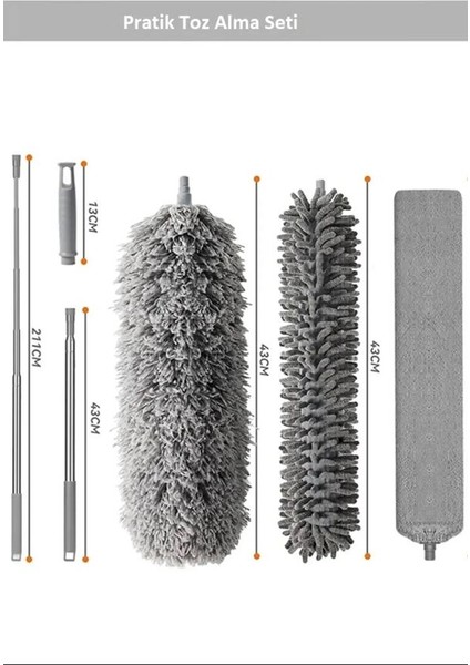 3 Başlıklı 2,10 mt Uzayan Dip Köşe Yüzey Temizleme Fırçası Toz Alma Sopası