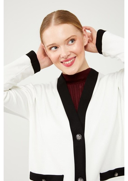 Ekru-Siyah Düğme Kapamalı Hırkalı İkili Takım indirimleri