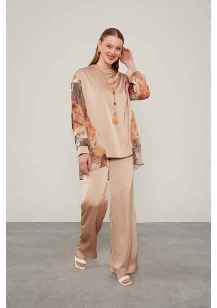 Oranj Kolları Desenli Saten Tunik Takım