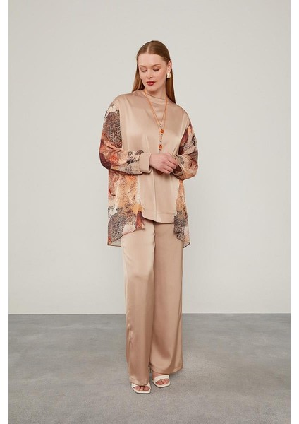 Oranj Kolları Desenli Saten Tunik Takım fiyatları