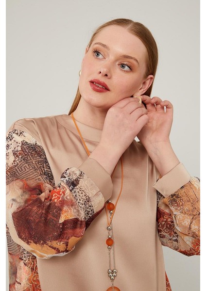 Oranj Kolları Desenli Saten Tunik Takım modelleri