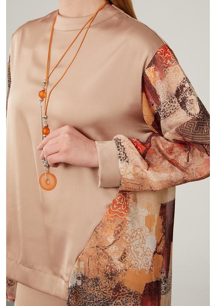 Oranj Kolları Desenli Saten Tunik Takım fırsatları