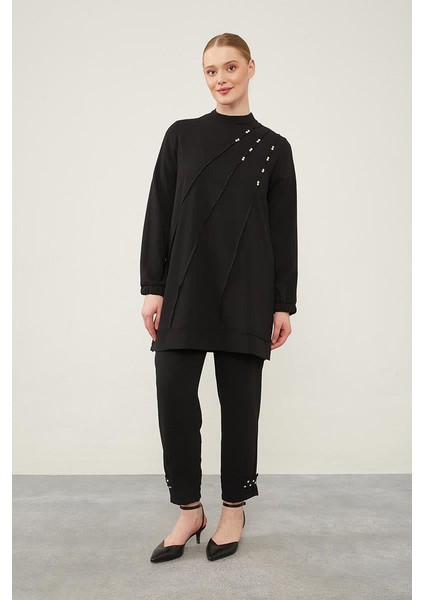 Siyah Bisiklet Yaka Taş Detaylı Tunik Takım
