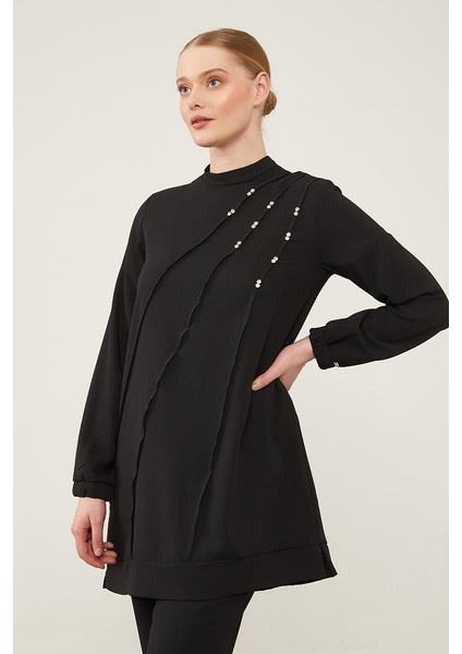 Siyah Bisiklet Yaka Taş Detaylı Tunik Takım modelleri