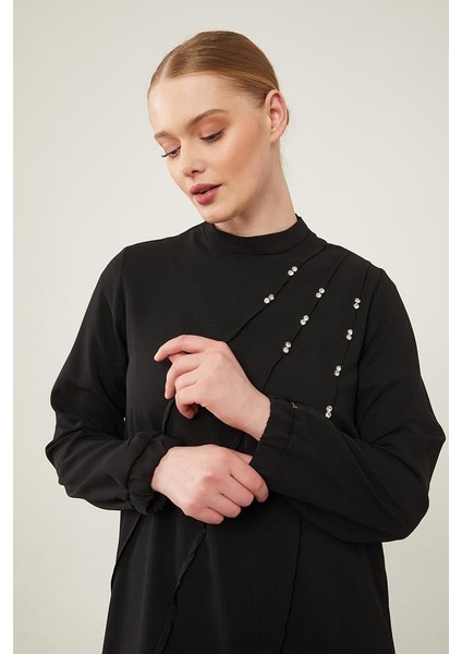 Siyah Bisiklet Yaka Taş Detaylı Tunik Takım fırsatları