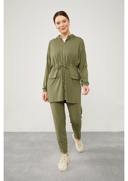 Haki Kapüşonlu Belden Büzülebilir İpli Spor Takım