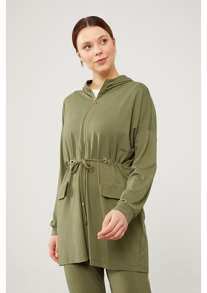 Haki Kapüşonlu Belden Büzülebilir İpli Spor Takım modelleri