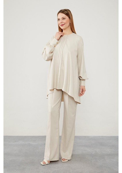 Taş Asimetrik Kesim Balon Kol Pantolonlu Takım