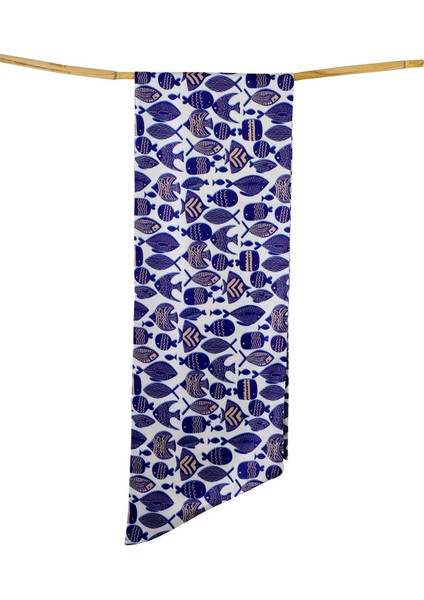 Balık Desen Mavi Twill Üçgen Fular 26X135 cm