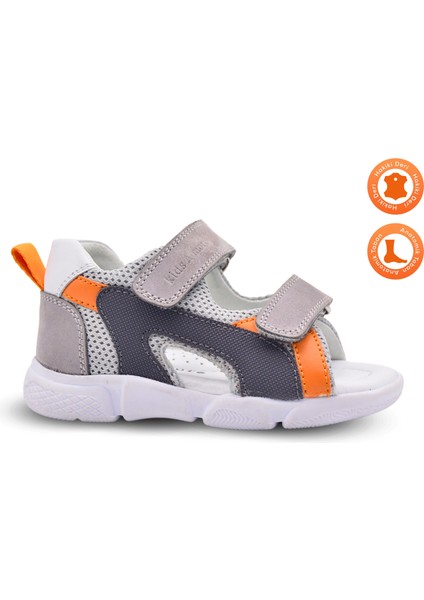 Samba Çift Cırtlı Air File Detaylı Deri Erkek Bebek Sandalet Gri
