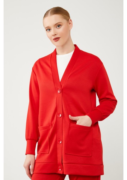 Kırmızı Düğme Kapama Pantolonlu Hırka Takım modelleri