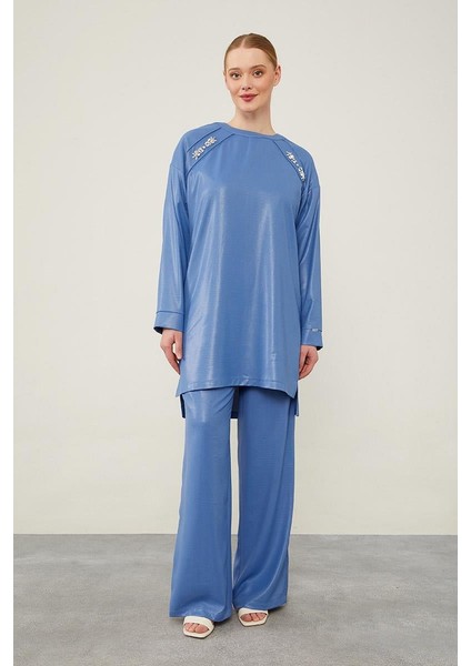 Indigo Önü Taş Işlemeli Geniş Pantolonlu Tunik Takım