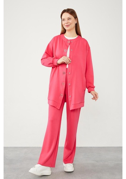 Fuşya Bisiklet Yaka Cepli Penye Pantolonlu Spor Takım