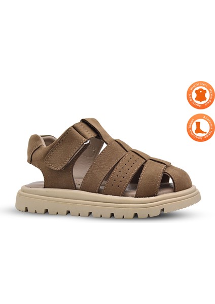 Galler Deri Tek Cırtlı Unisex Çocuk Sandalet Kum Rengi