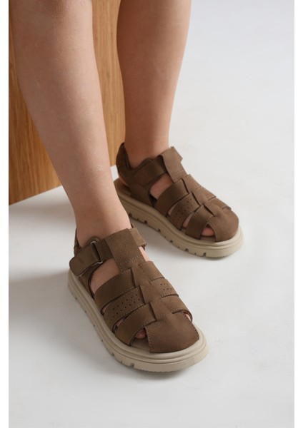 Galler Deri Tek Cırtlı Unisex Çocuk Sandalet Kum Rengi