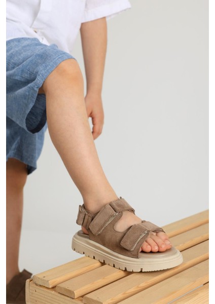 Archie Çift Cırtlı Deri Unisex Çocuk Sandalet Kum Rengi