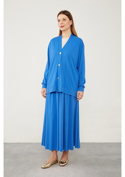 Saks Düğme Kapamalı Hırkalı Etek Takım