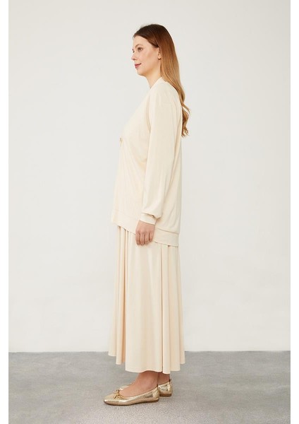 Bej Düğme Kapamalı Hırkalı Etek Takım modelleri