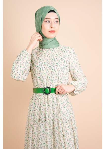 Yeni Koleksiyon Astarlı Şifon Çıtır Desen Benetton Yeşil