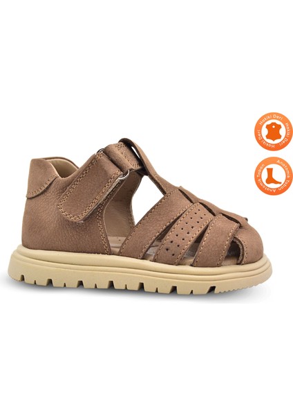 Galler Deri Tek Cırtlı Arkası Kapalı Unisex Bebek Sandalet Kum Rengi