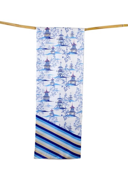 Ev Desenli Mavi Twill Üçgen Fular 26X135 cm