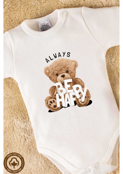 Unisex Organik %100 Pamuklu Happy Teddy Bear Baskılı 3-6-9-12 Ay Bebek Body Ekru Badi Zıbın