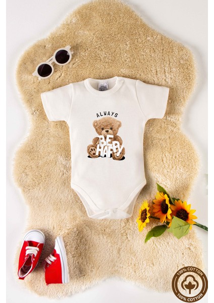 Unisex Organik %100 Pamuklu Happy Teddy Bear Baskılı 3-6-9-12 Ay Bebek Body Ekru Badi Zıbın