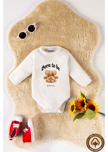 Unisex Organik %100 Pamuklu Different Teddy Bear Baskılı 3-6-9-12 Ay Bebek Body Ekru Badi Zıbın