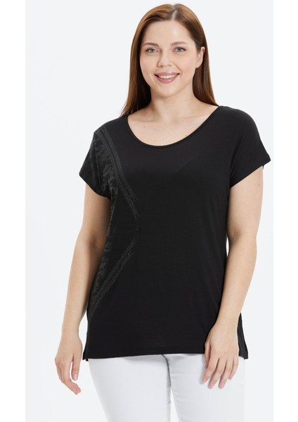 Büyük Beden Yanı Desen Kombinli Taşlı Penye Bluz