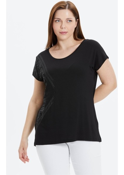 Büyük Beden Yanı Desen Kombinli Taşlı Penye Bluz fiyatları