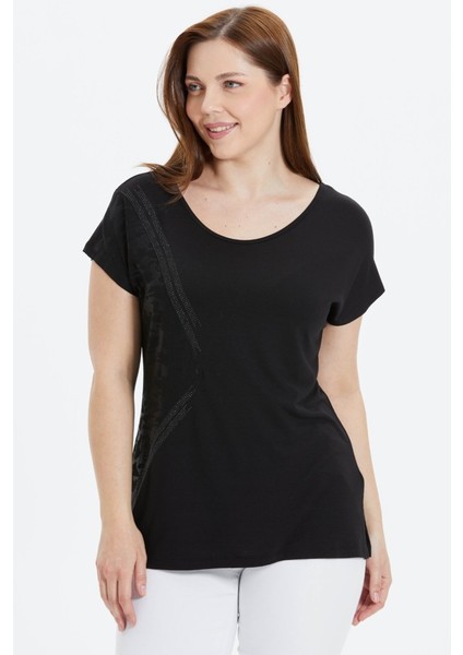 Büyük Beden Yanı Desen Kombinli Taşlı Penye Bluz modelleri